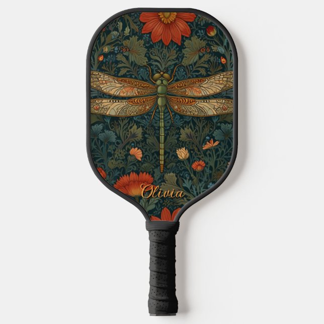Personalise dragonfly orange floral boho chic pickleball paddle (Front)