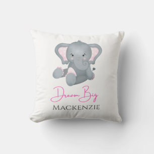 Personalise Dream Big Pink Grey Elephant Baby Girl Cushion