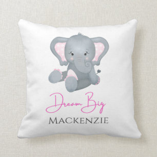 Personalise Dream Big Pink Grey Elephant Baby Girl Cushion