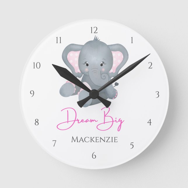 Personalise Dream Big Pink Grey Elephant Baby Girl Round Clock (Front)