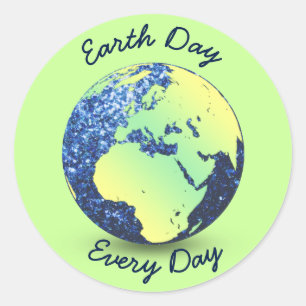 Personalise Earth Day blue sparkles Globe Classic Round Sticker