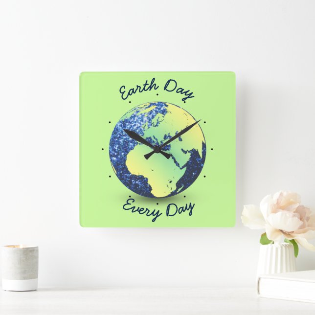 Personalise Earth Day blue sparkles Globe Square Wall Clock (Home)