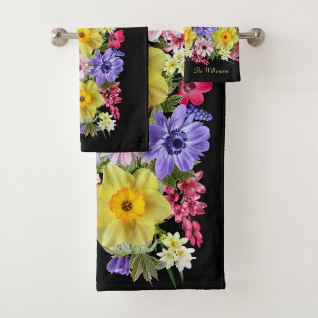 Personalise Elegant Black Floral Anemone Hyacinth Bath Towel Set (Insitu)