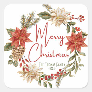Personalise Elegant Christmas Greetings Floral Square Sticker