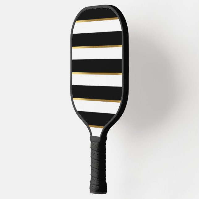 Personalise Elegant Stripe Black Gold White Pickleball Paddle (Left)