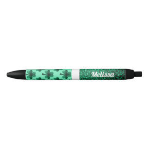 Personalise Emerald Green Sparkles Shamrock Clover Black Ink Pen