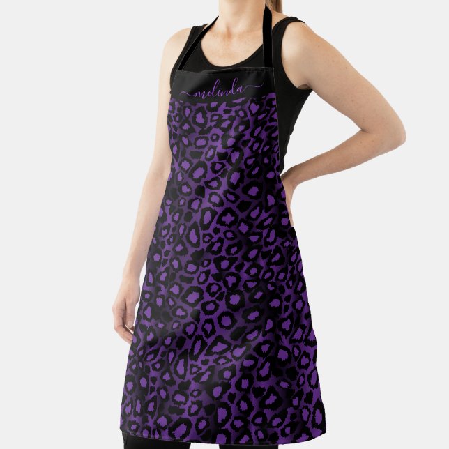 Personalise Exotic Purple Leopard Animal Print Apron (Insitu)