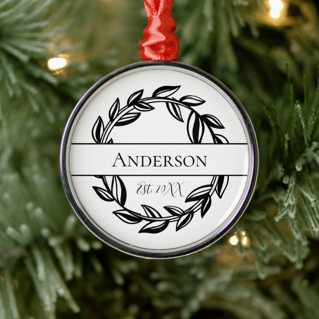 Personalise Family Name Black White Leaf Christmas Metal Ornament (Tree)