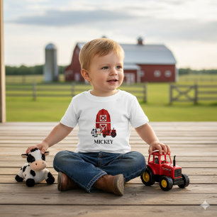 Personalise Farm Barn and Red Tractor Cute Baby T-Shirt