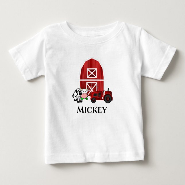 Personalise Farm Barn and Red Tractor Cute  Baby T-Shirt (Front)