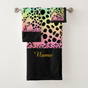 Personalise Faux Rainbow Leopard Animal Print  Bath Towel Set