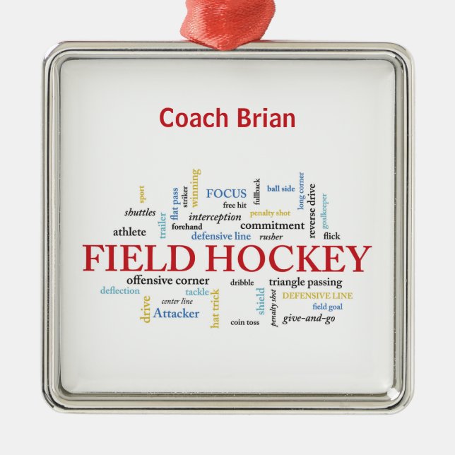 Personalise, Field Hockey Coach Thank You in Words Metal Ornament (Front)