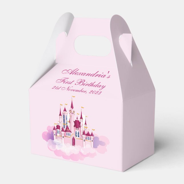 Personalise First Birthday Child Name Pink Castle Favour Box (Front Side)