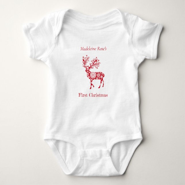Personalise First Christmas Red Christmas Reindeer Baby Bodysuit (Front)