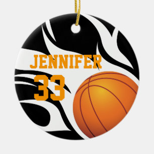 Personalise Flaming Basketball B/W Ceramic Ornament