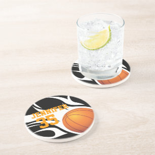 Personalise Flaming Basketball B/W Coaster