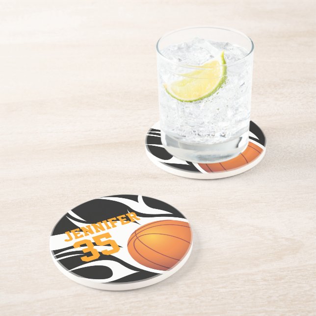 Personalise Flaming Basketball B/W Coaster (Side)