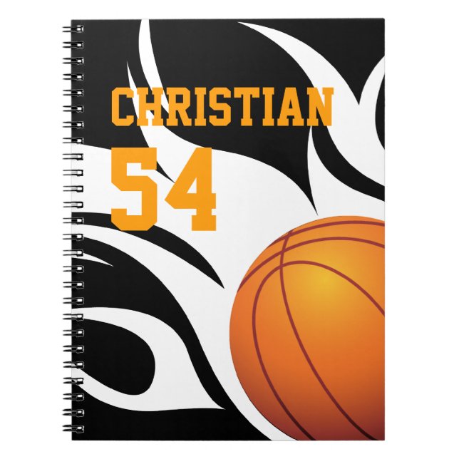 Personalise Flaming Basketball B/W Notebook (Front)