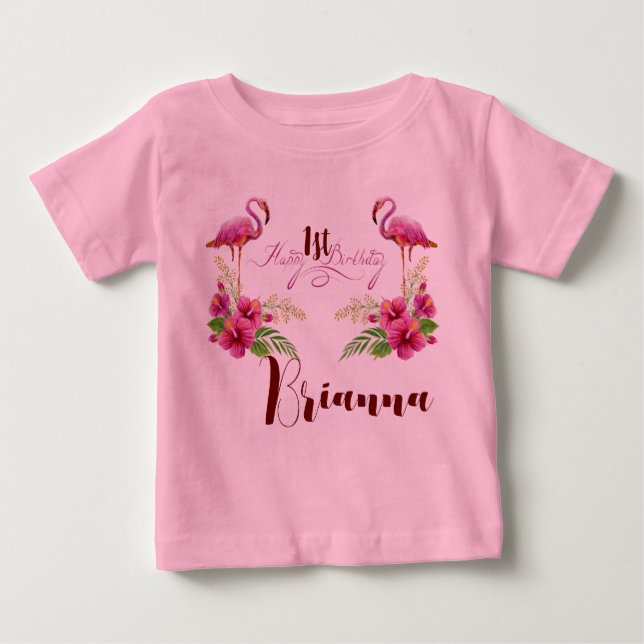 Personalise Flamingo Hibiscus Pink Girly Birthday Baby T-Shirt (Front)