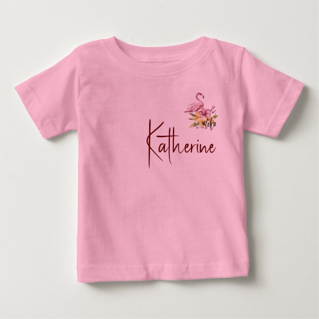 Personalise Flamingo with Tropical Flowers Aloha Baby T-Shirt (Front)