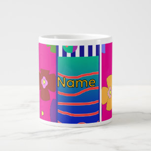 Personalise Floral And Stripes Colourful Large Coffee Mug
