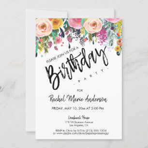 Personalise Floral Blooms Script Birthday Party Invitation