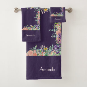 Personalise Floral Border on Purple Background Bath Towel Set