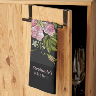 Personalise Floral Embroidery Pattern Black Backgr Tea Towel