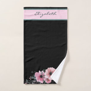 Personalise Floral Lower Border Black Background Hand Towel