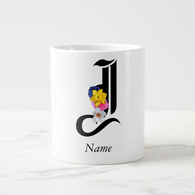 Personalise Floral Monogram J + Name Large Coffee Mug (Front)