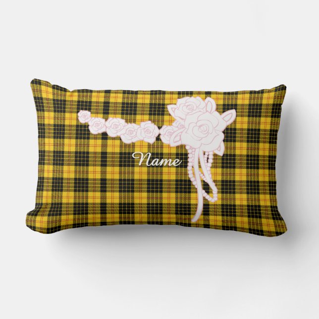 Personalise Flower Trim Yellow Plaid Decorator  Lumbar Cushion (Front)