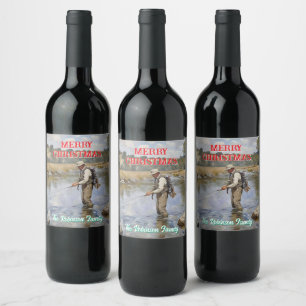 Personalise Fly Fishing Merry Christmas Wine Label