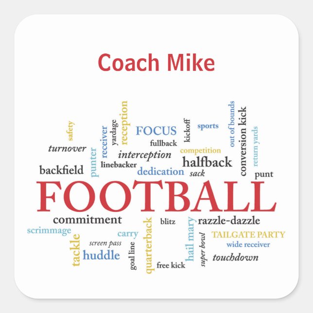 Personalise, Football Coach Thank You in Words Square Sticker (Front)