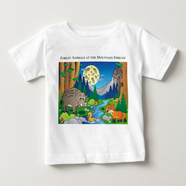 Personalise Forest Animals at the Mountain Stream Baby T-Shirt (Front)