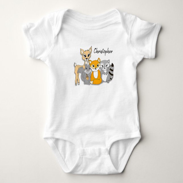 Personalise Forest Animals Woodland Creatures Baby Bodysuit (Front)