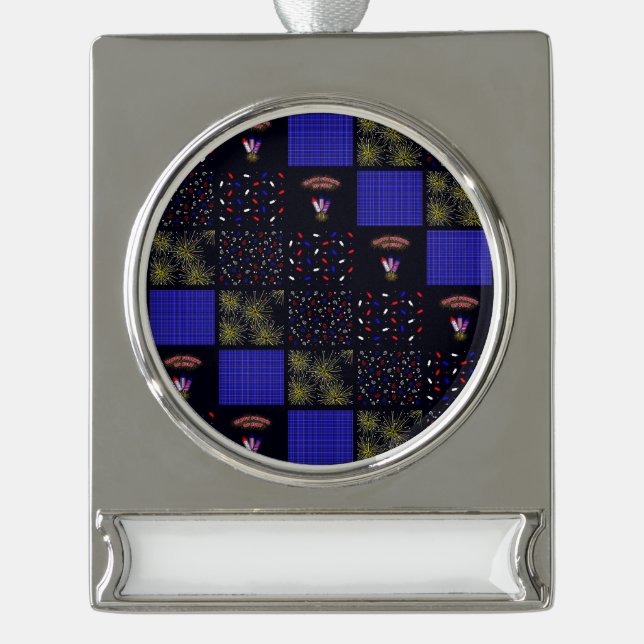 Personalise Fourth of July Patchwork Pattern  Silver Plated Banner Ornament (Front)