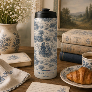Personalise French Countryside Toile in Dusty Blue Thermal Tumbler