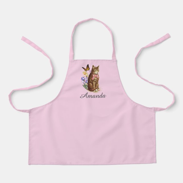 Personalise Garden Cat Pink Print Apron (Front)