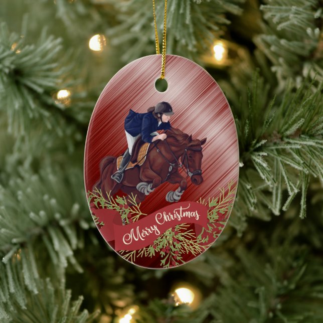 Personalise Girl and Horse Jumping Red Christmas Ceramic Ornament (Tree)