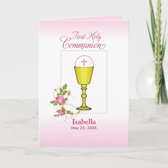 Personalise Girl Name Pink First Holy Communion, C Card (Front)