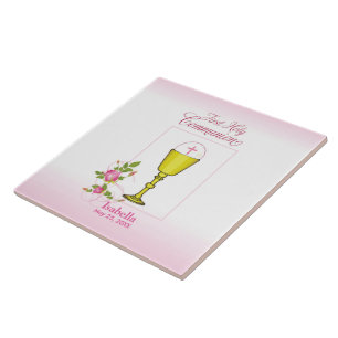 Personalise Girl Name Pink First Holy Communion Ceramic Tile