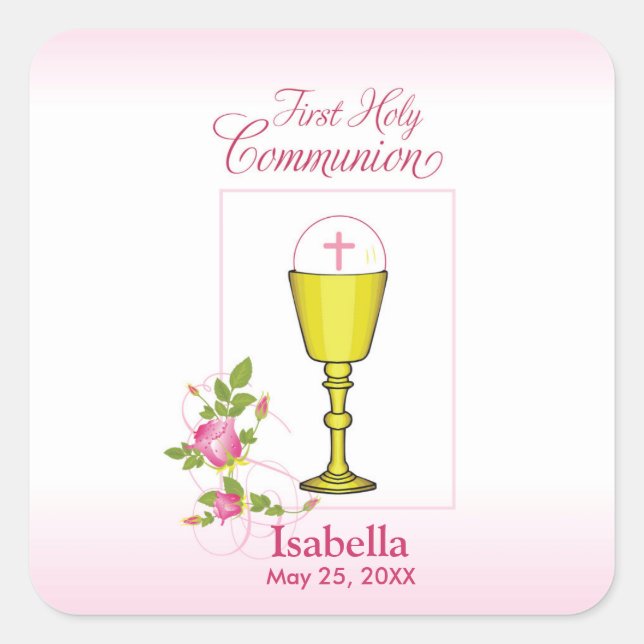 Personalise Girl Name Pink First Holy Communion Square Sticker (Front)