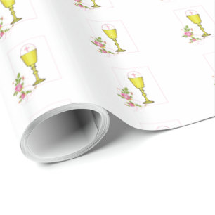 Personalise Girl Name Pink First Holy Communion Wrapping Paper
