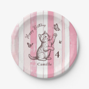 Personalise Girl Vintage Pink Kitten Birthday Paper Plate