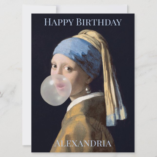 Personalise Girl with pearl earring blowing gum  (Front)