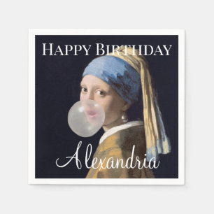Personalise Girl with pearl earring blowing gum  Napkin