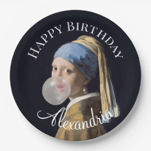Personalise Girl with pearl earring blowing gum Paper Plate