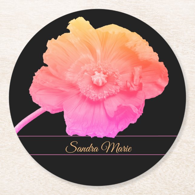 Personalise Girly Pink Poppy flower round  Round Paper Coaster (Front)