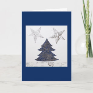 Personalise glitter blue Christmas tree, stars Holiday Card