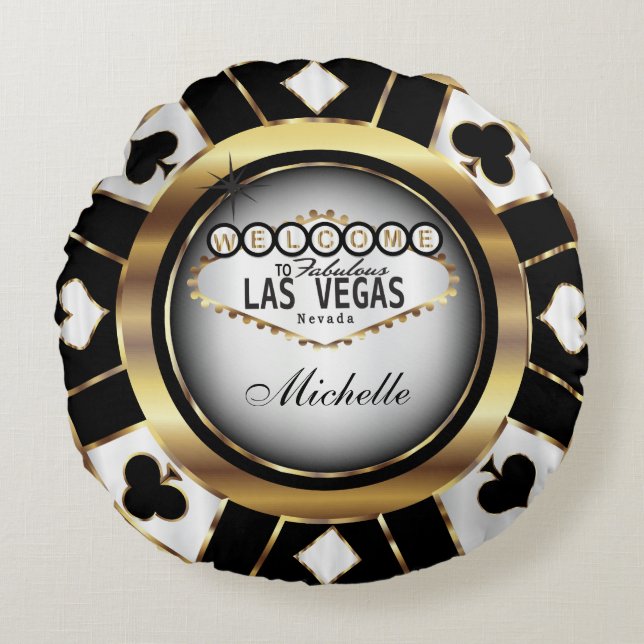 Personalise Gold, Black and White Poker Chip Round Cushion (Front)